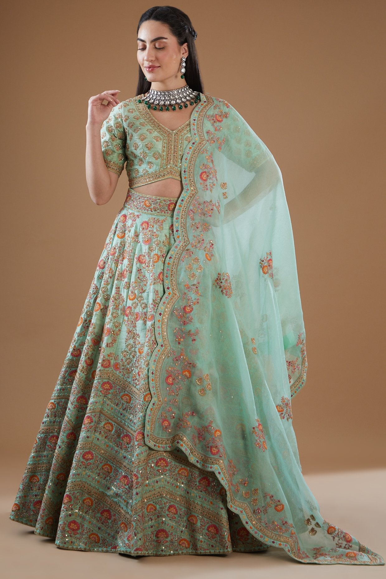 English Blue Dupion Embroidered Lehenga Set