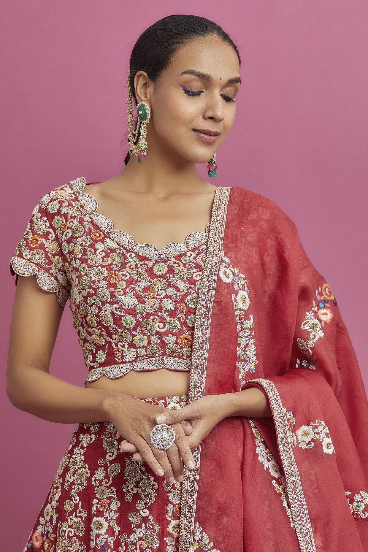 Red Dupion Lehenga Set