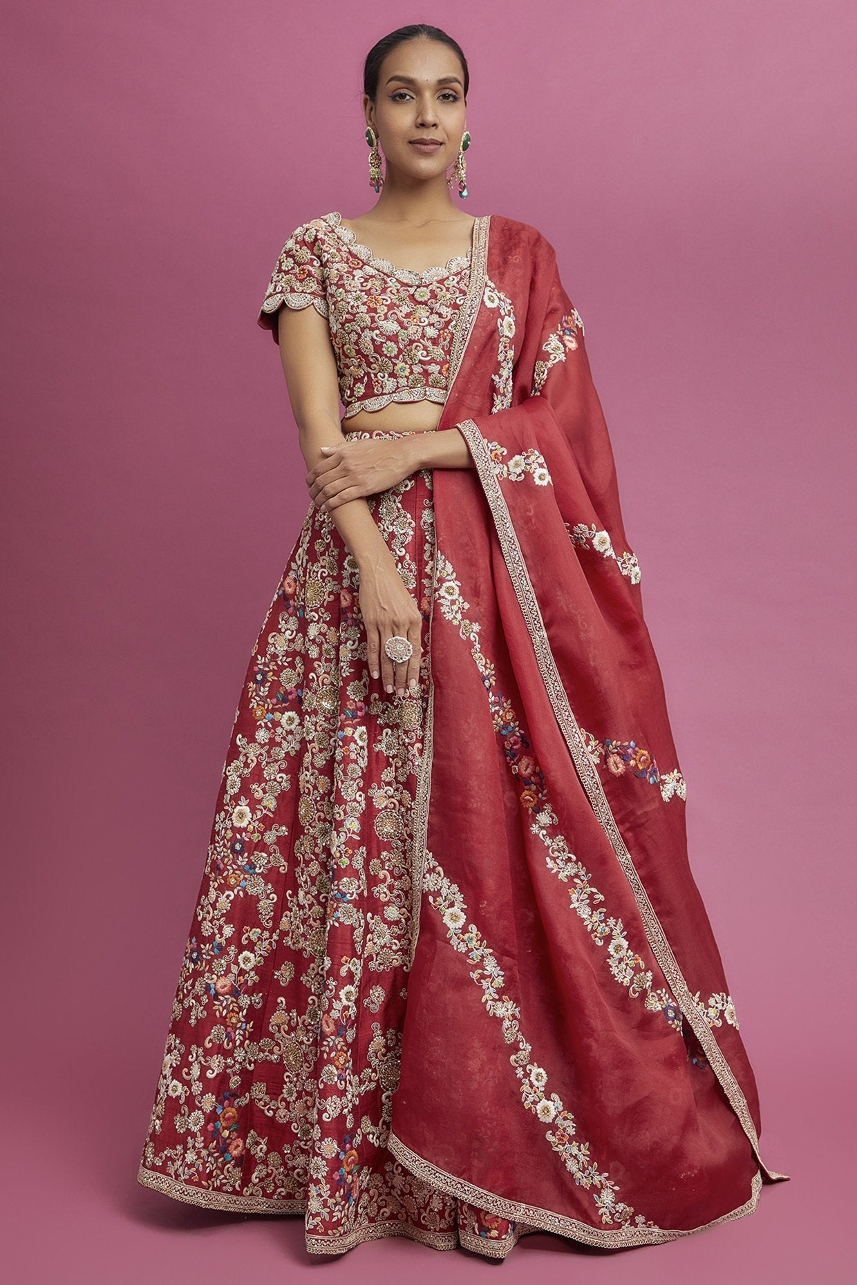 Red Dupion Lehenga Set