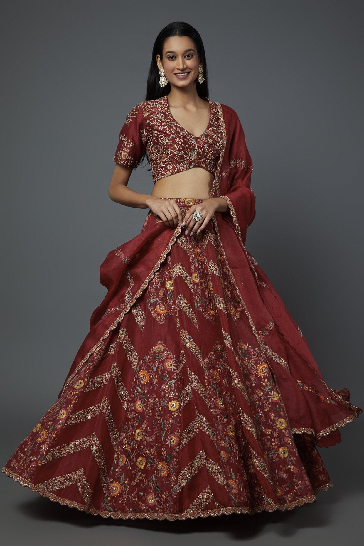 Red Organza Embroidered Lehenga Set