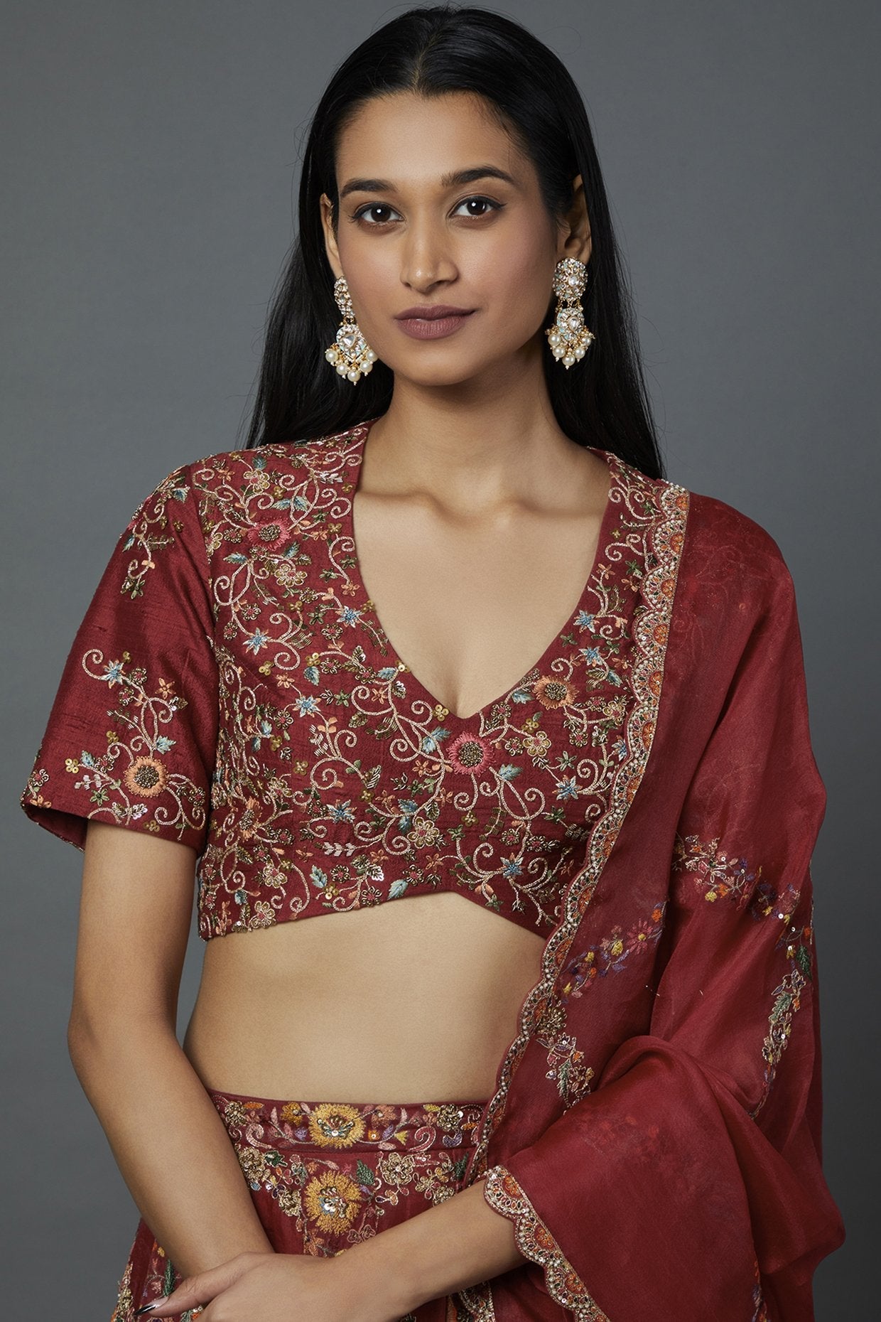 Red Organza Embroidered Lehenga Set