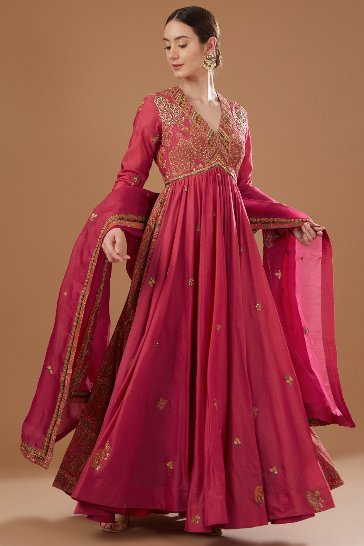 Red Organza Printed Kalidar Anarkali Set