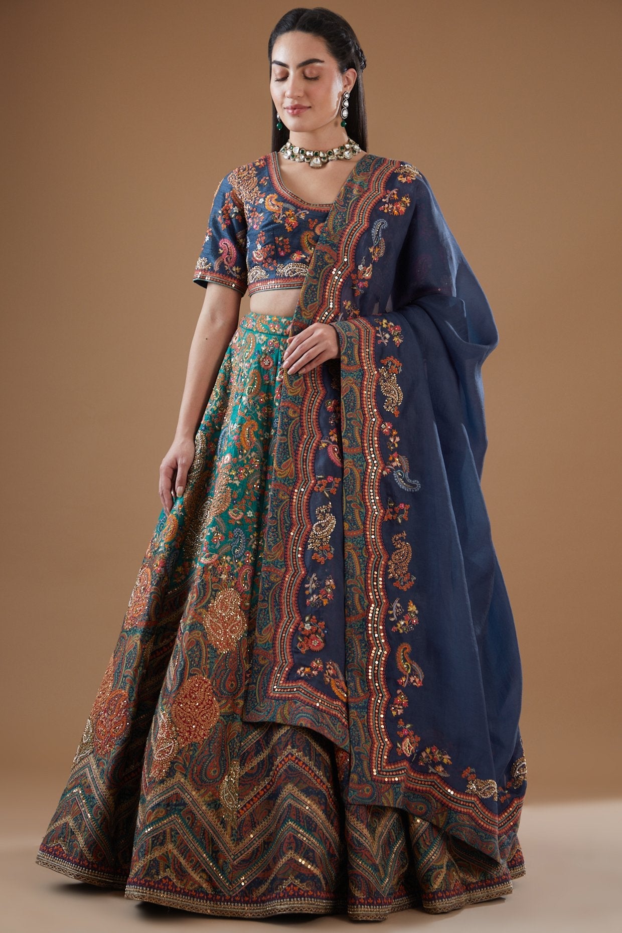 Green & Blue Dupion Embroidered Lehenga Set