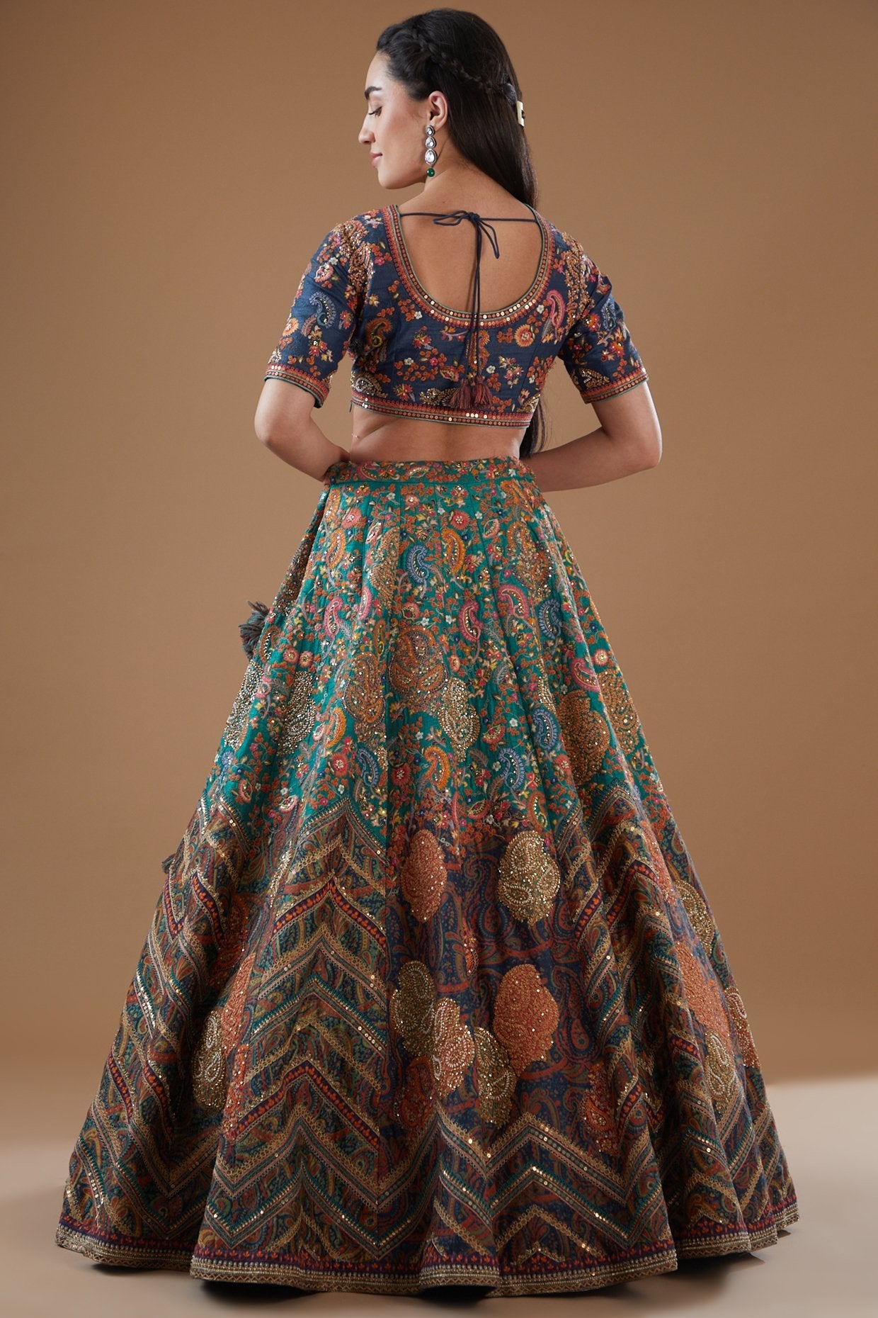 Green & Blue Dupion Embroidered Lehenga Set
