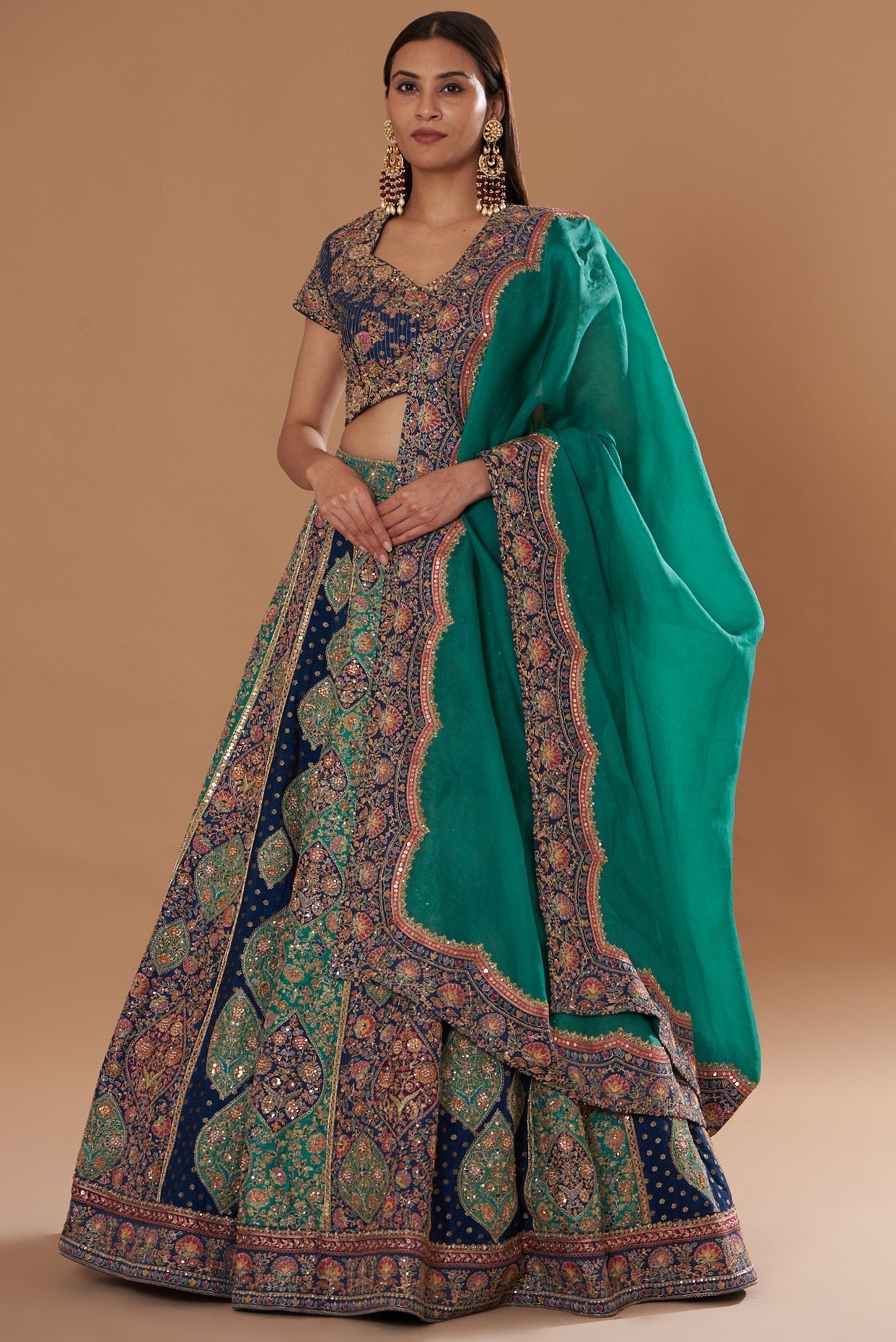 Green Brocade Embroidered Lehenga Set