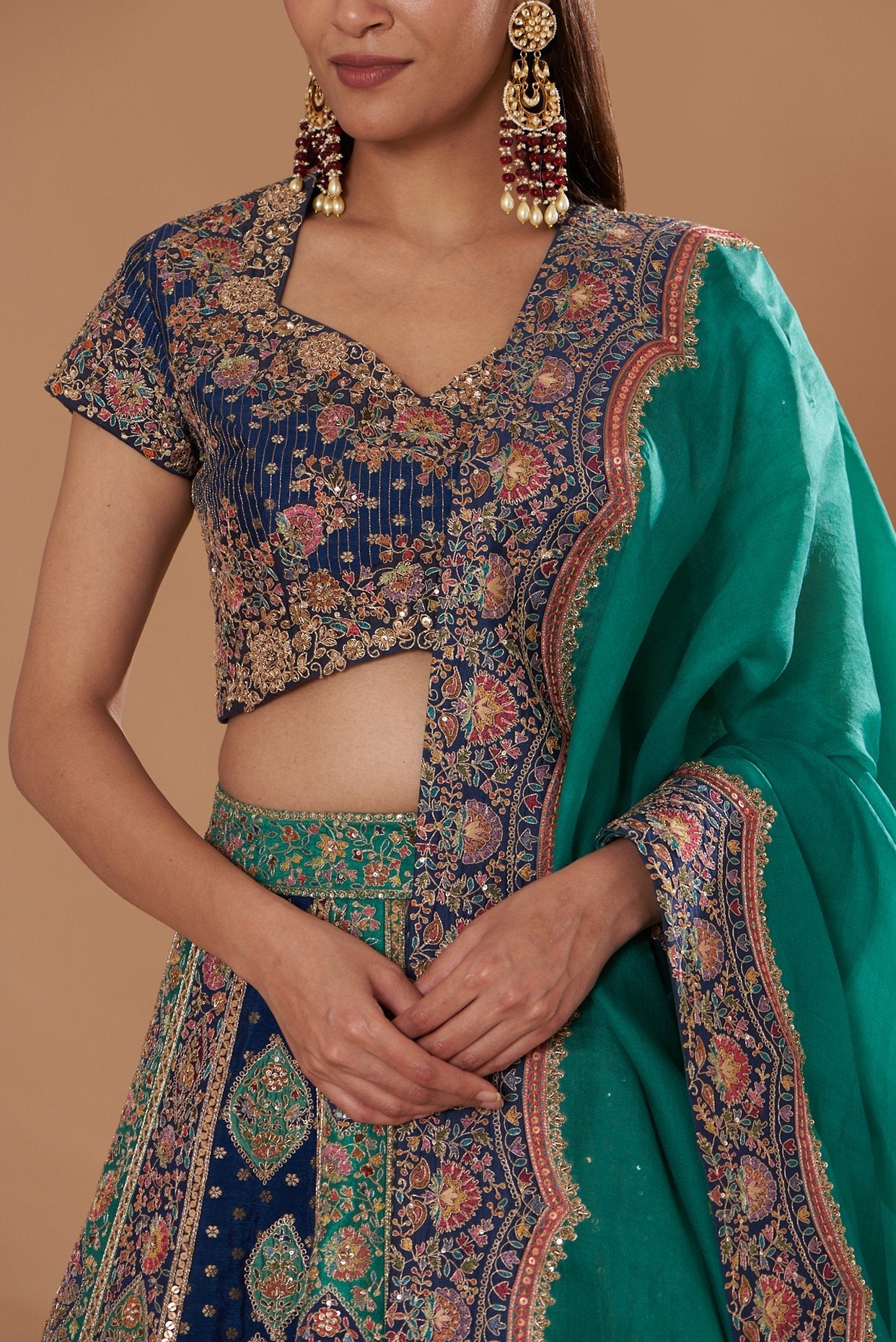 Green Brocade Embroidered Lehenga Set