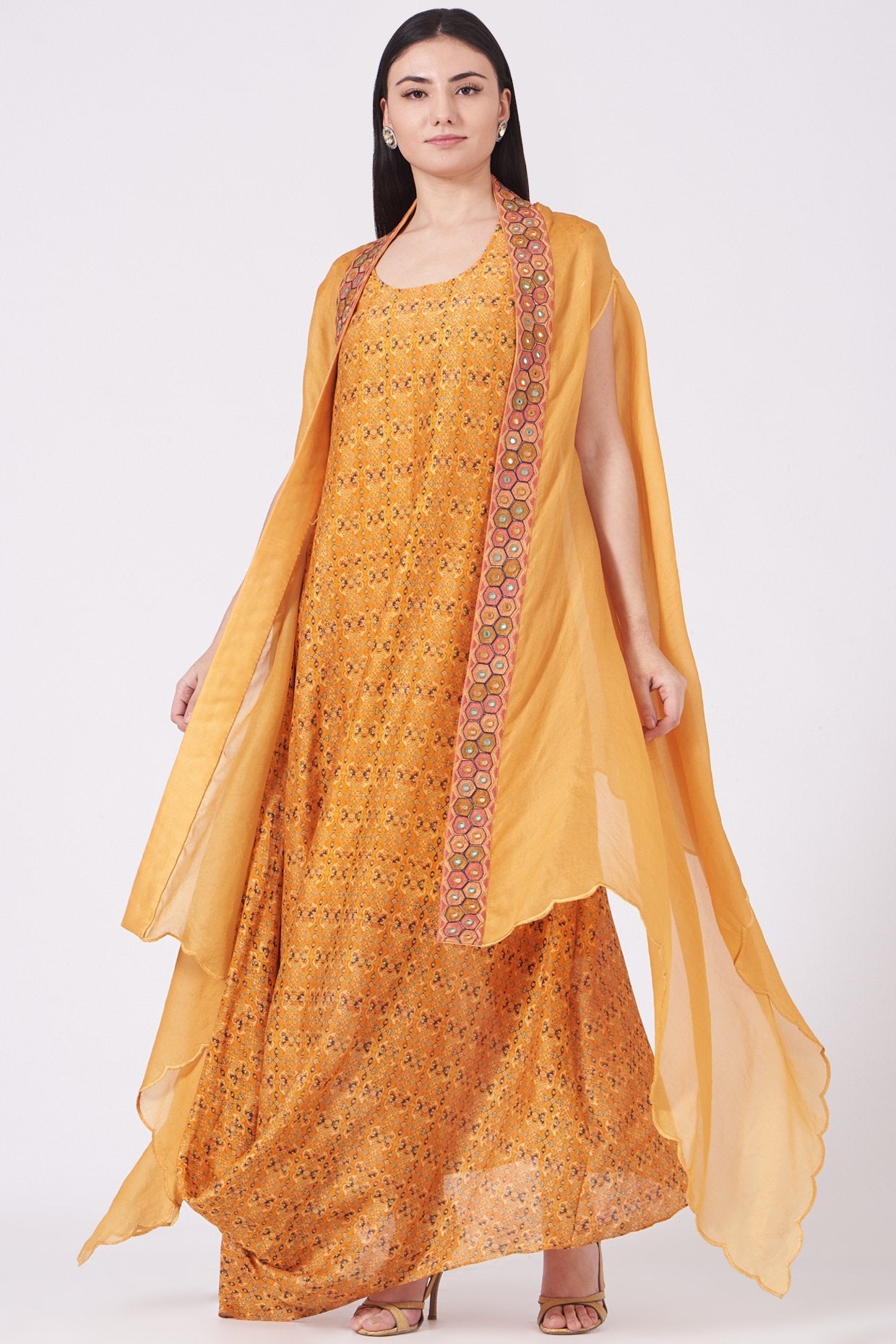 Yellow Printed Anarkali With Cape