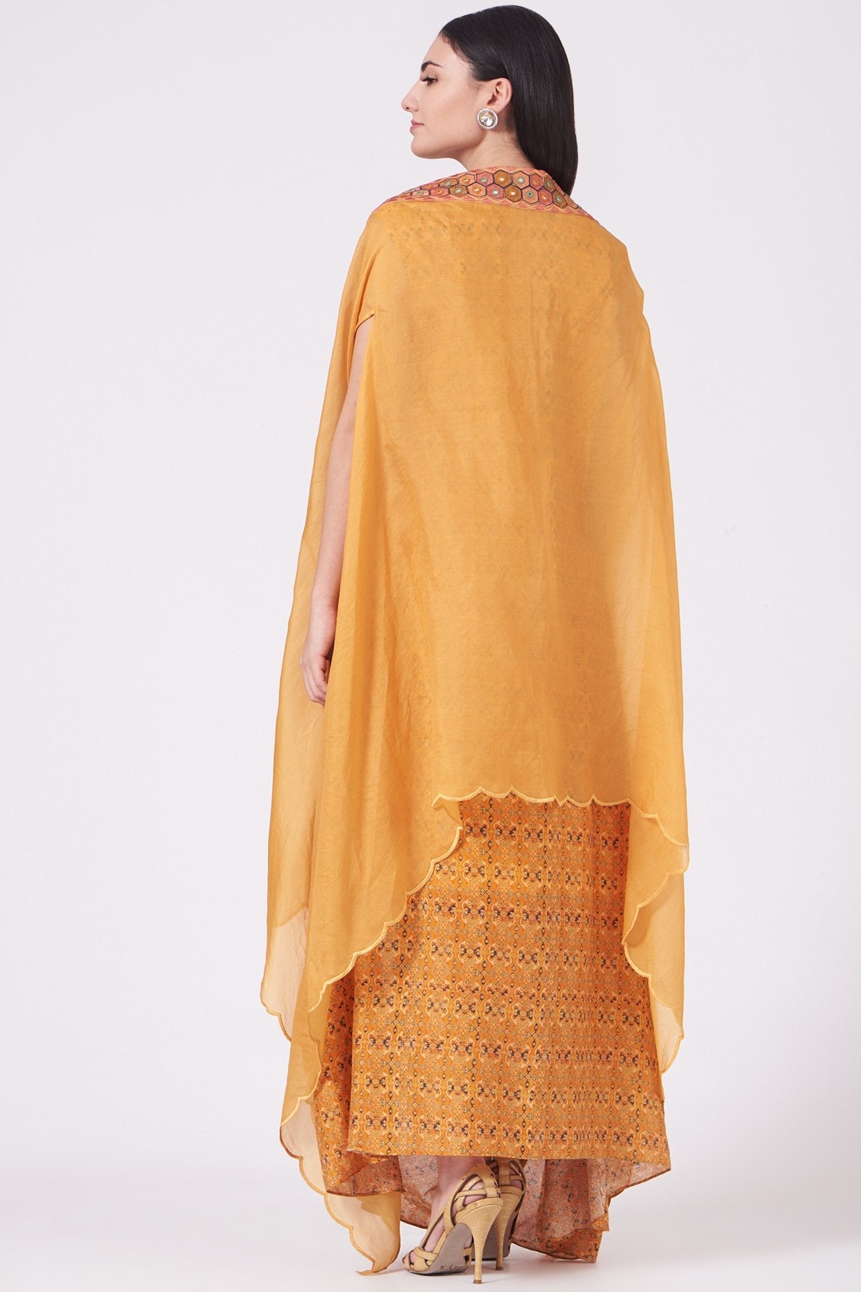 Yellow Printed Anarkali With Cape