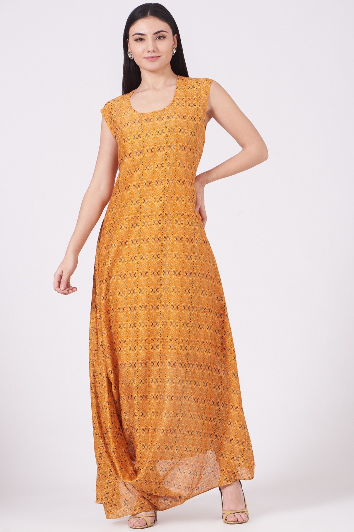 Yellow Printed Anarkali With Cape
