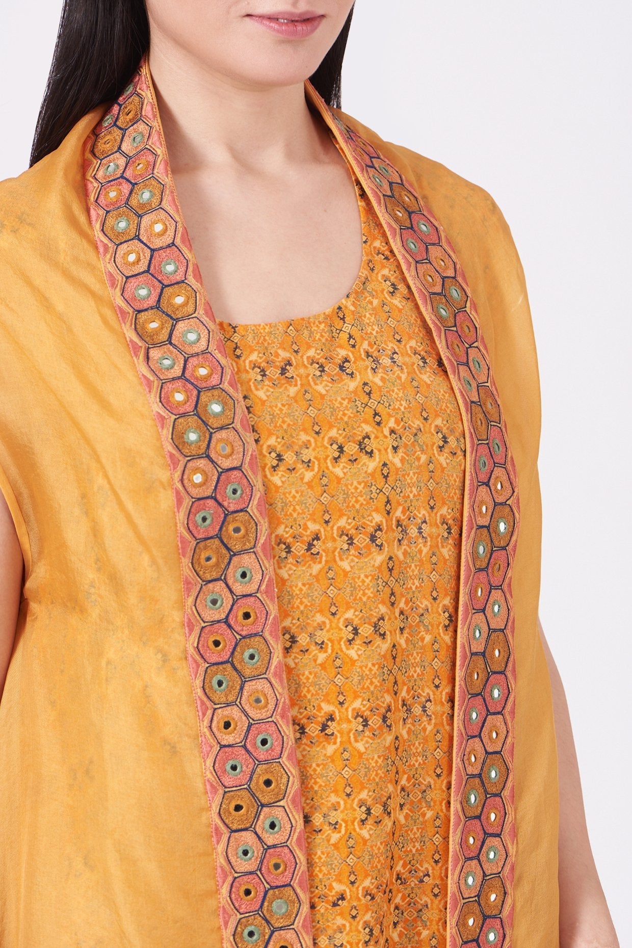 Yellow Printed Anarkali With Cape