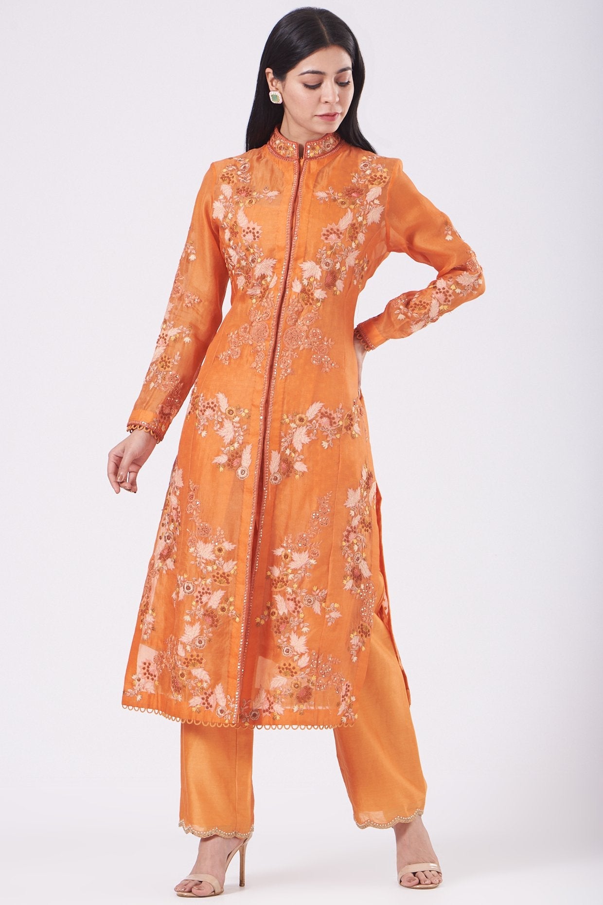 Orange Jacket Kurta Set With Applique Work