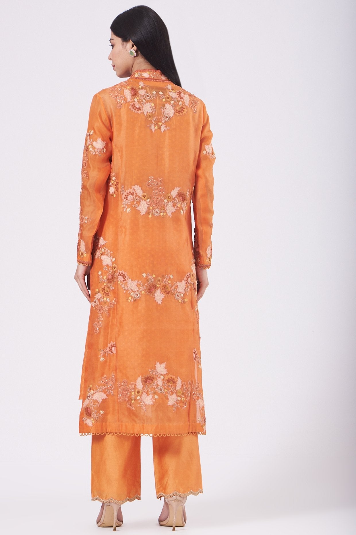 Orange Jacket Kurta Set With Applique Work