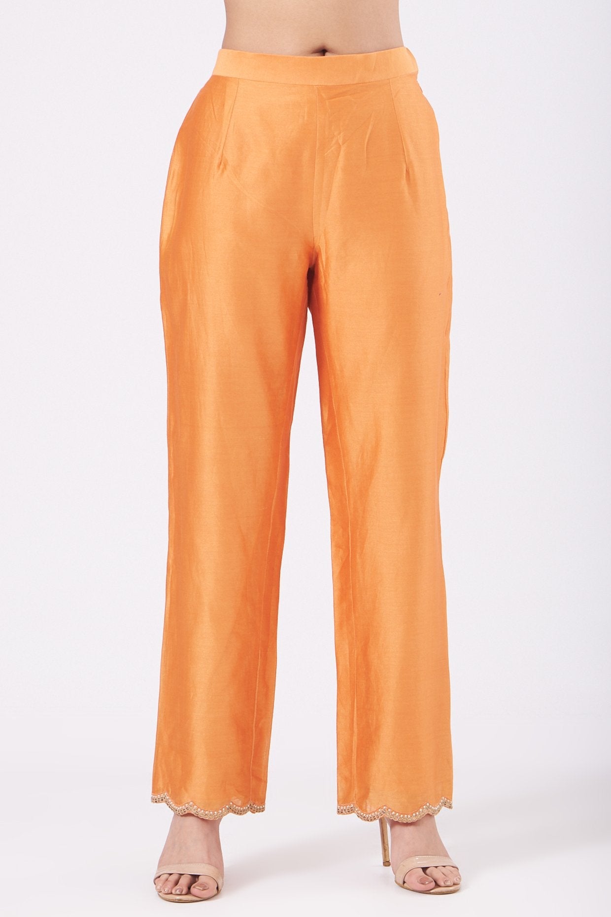 Orange Jacket Kurta Set With Applique Work