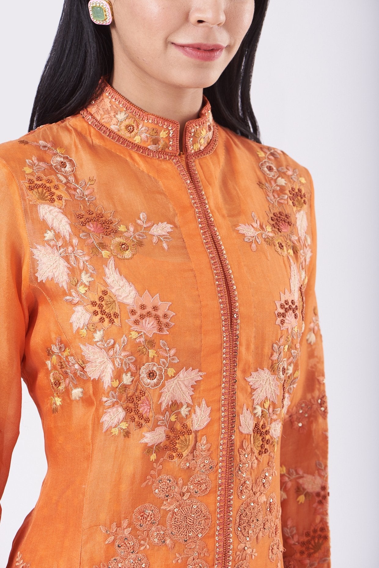 Orange Jacket Kurta Set With Applique Work