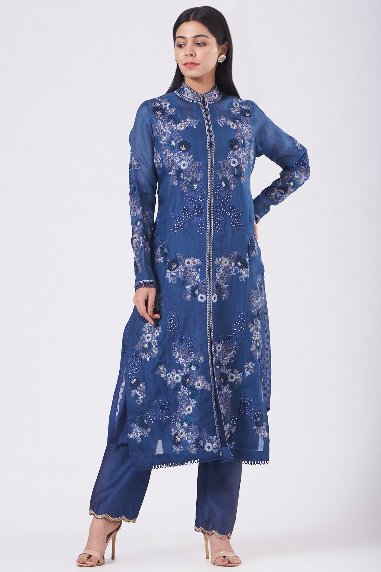 Cobalt Blue Jacket Kurta Set With Applique Work