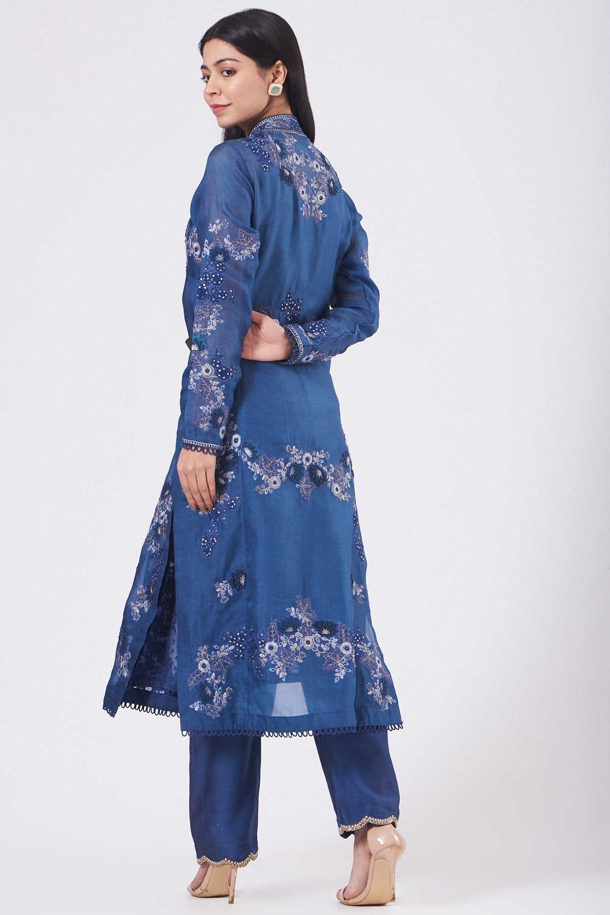 Cobalt Blue Jacket Kurta Set With Applique Work