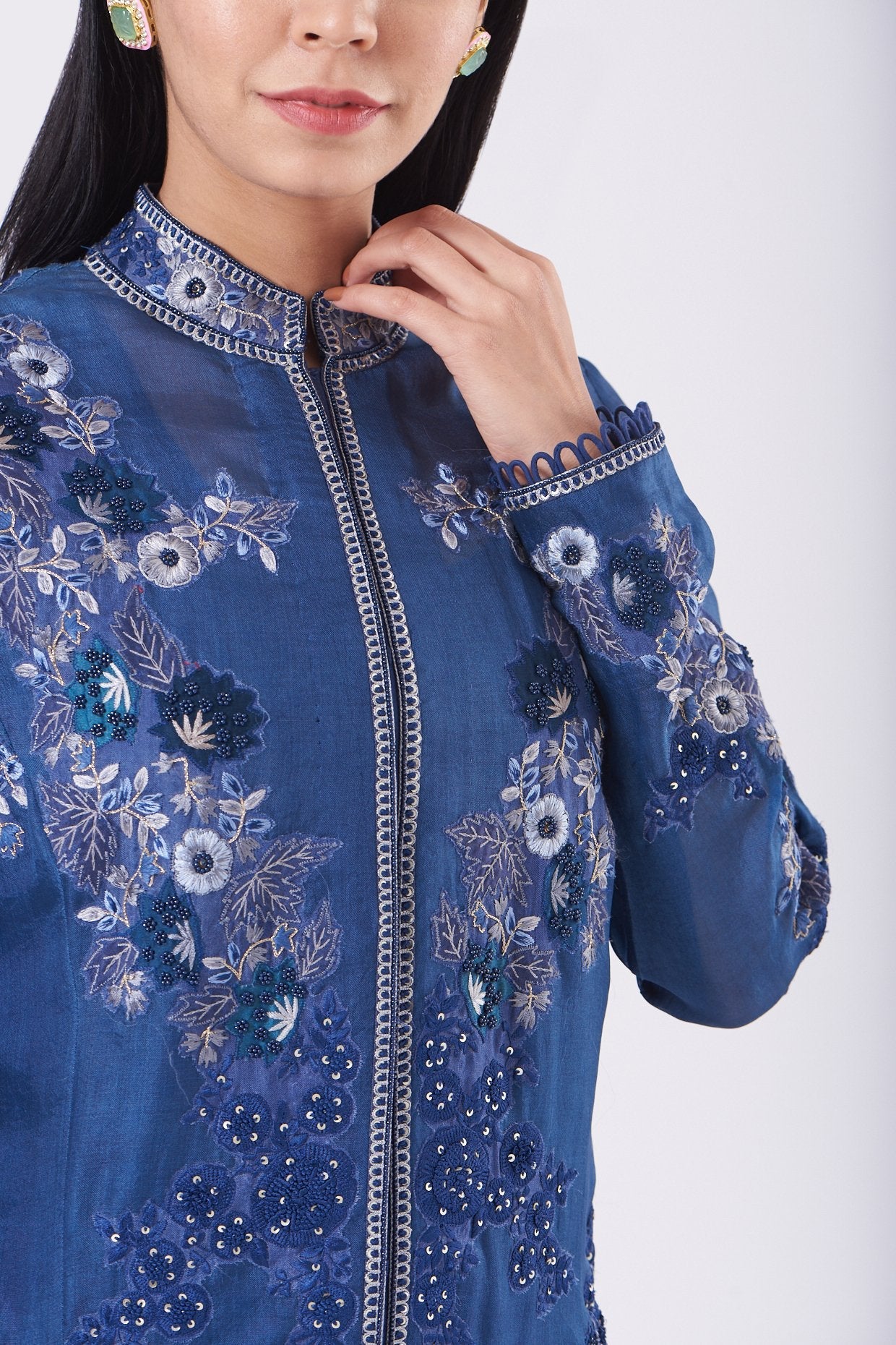 Cobalt Blue Jacket Kurta Set With Applique Work