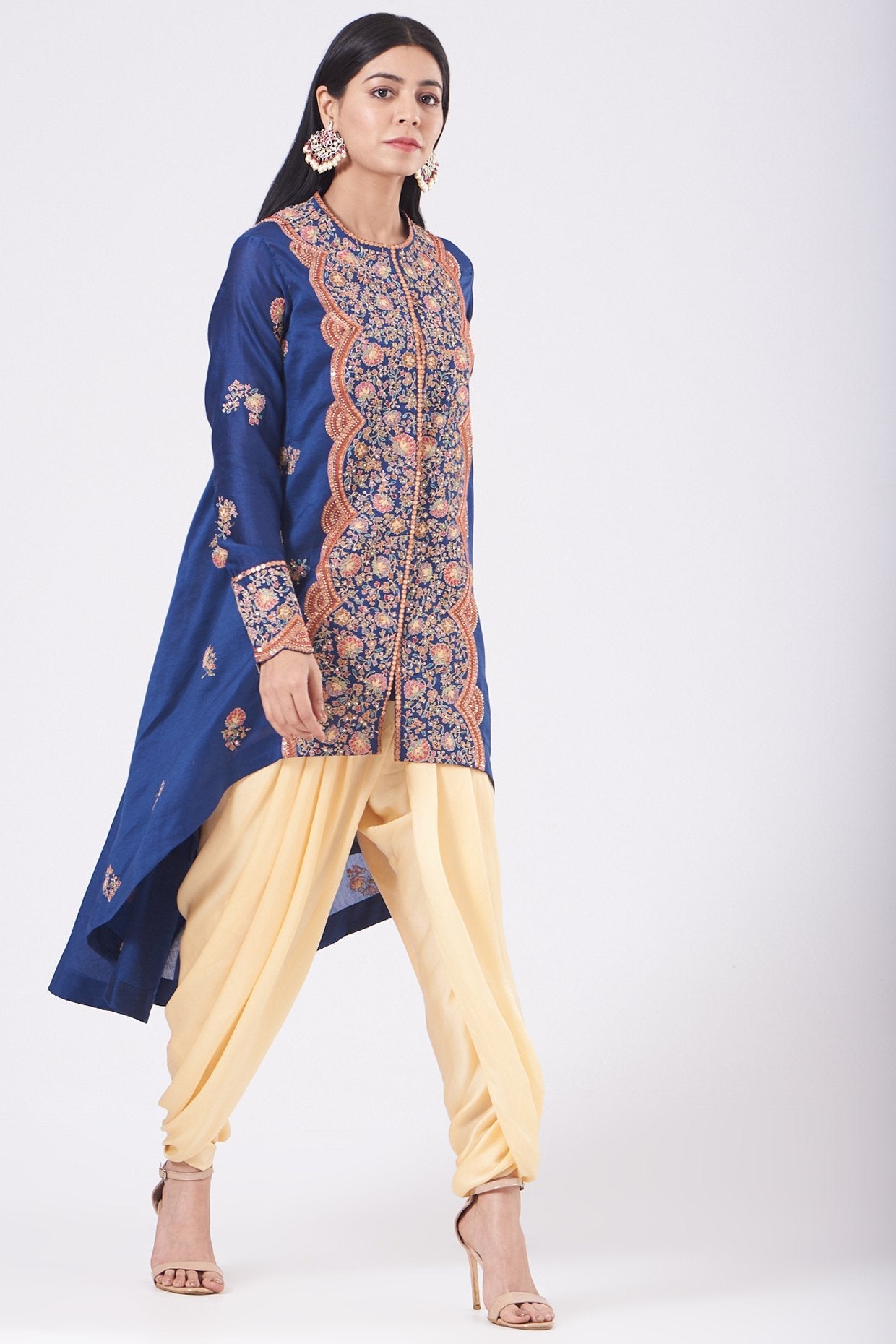 Nude Dhoti Set With Embroidered Cape