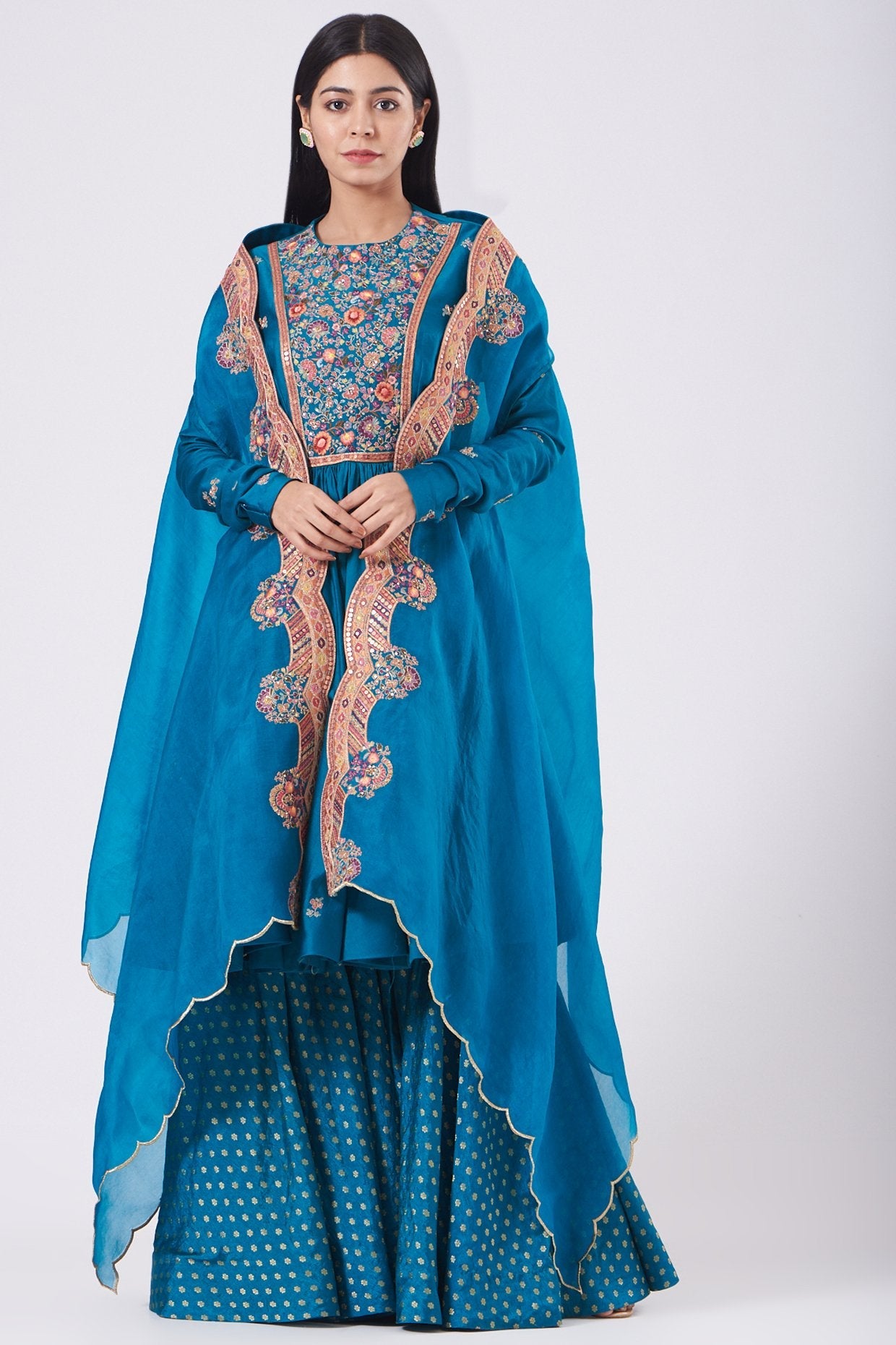 Turquoise Sharara Set With Embroidered Cape