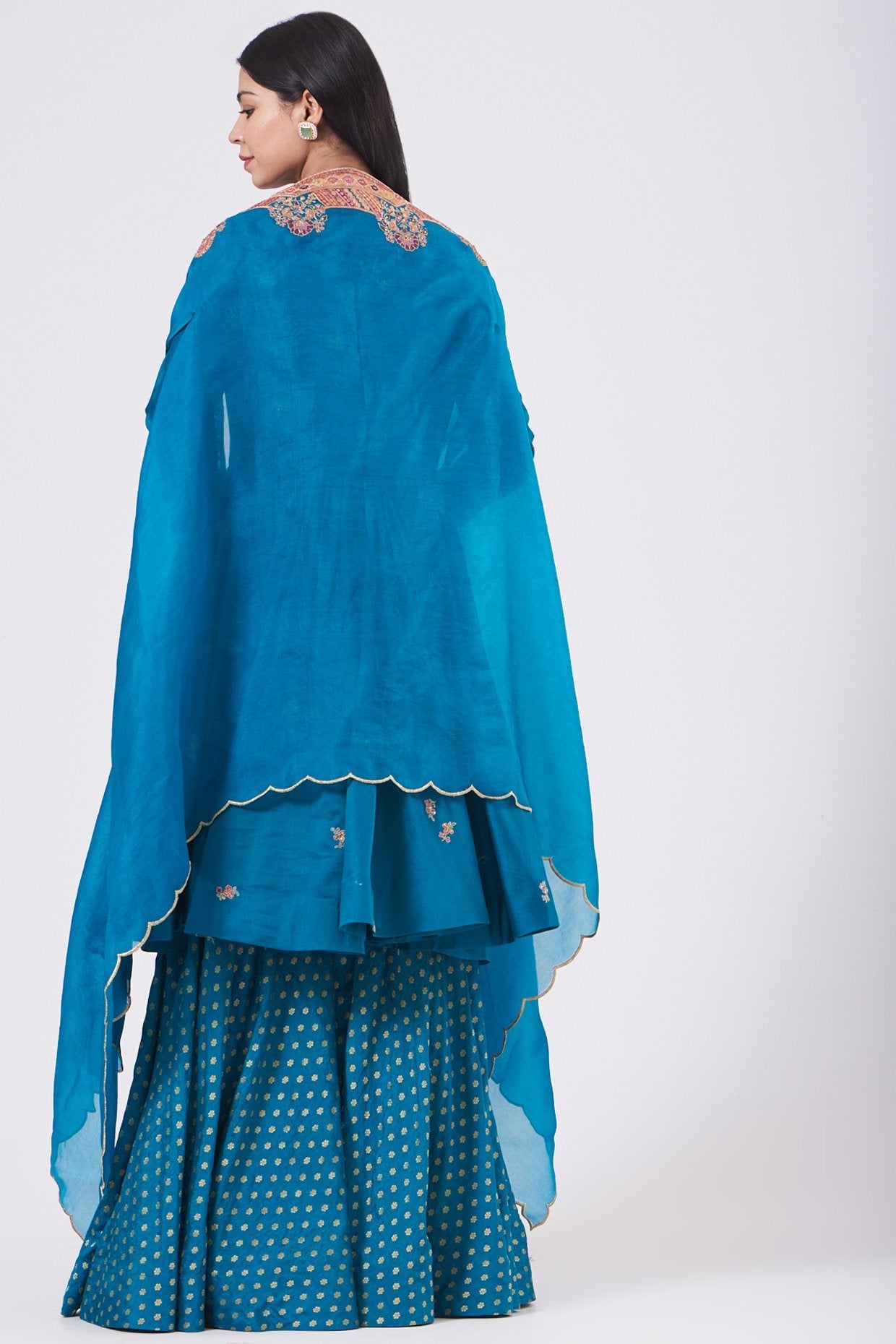Turquoise Sharara Set With Embroidered Cape