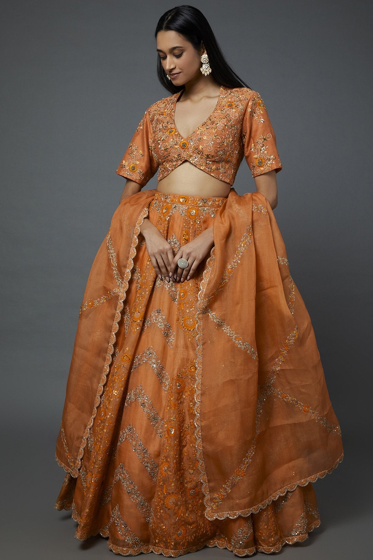 Orange Organza Embroidered Lehenga Set