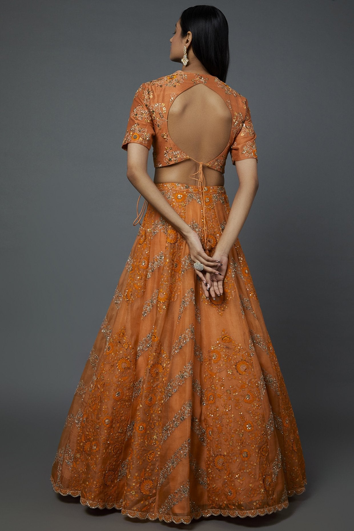 Orange Organza Embroidered Lehenga Set