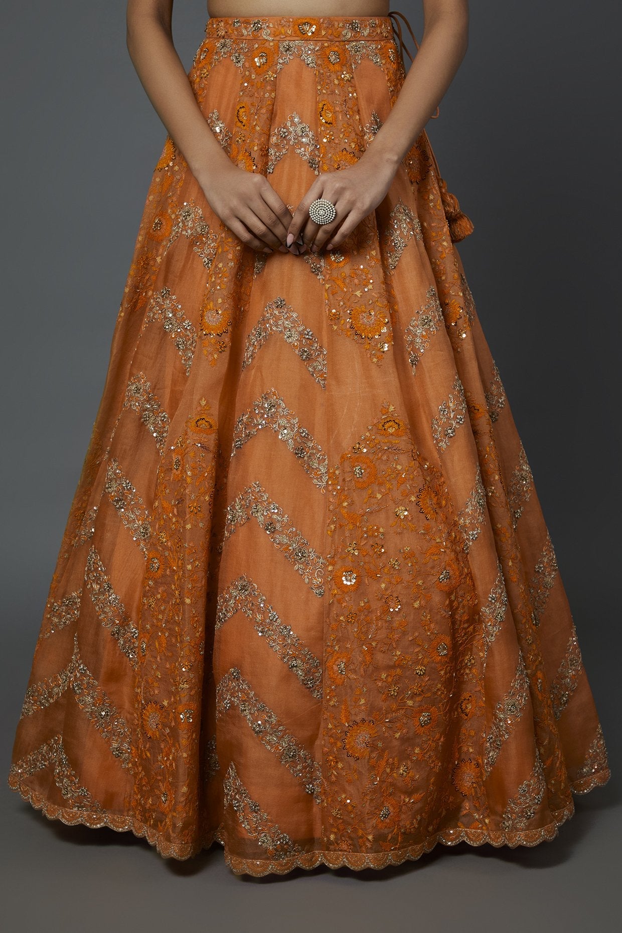 Orange Organza Embroidered Lehenga Set