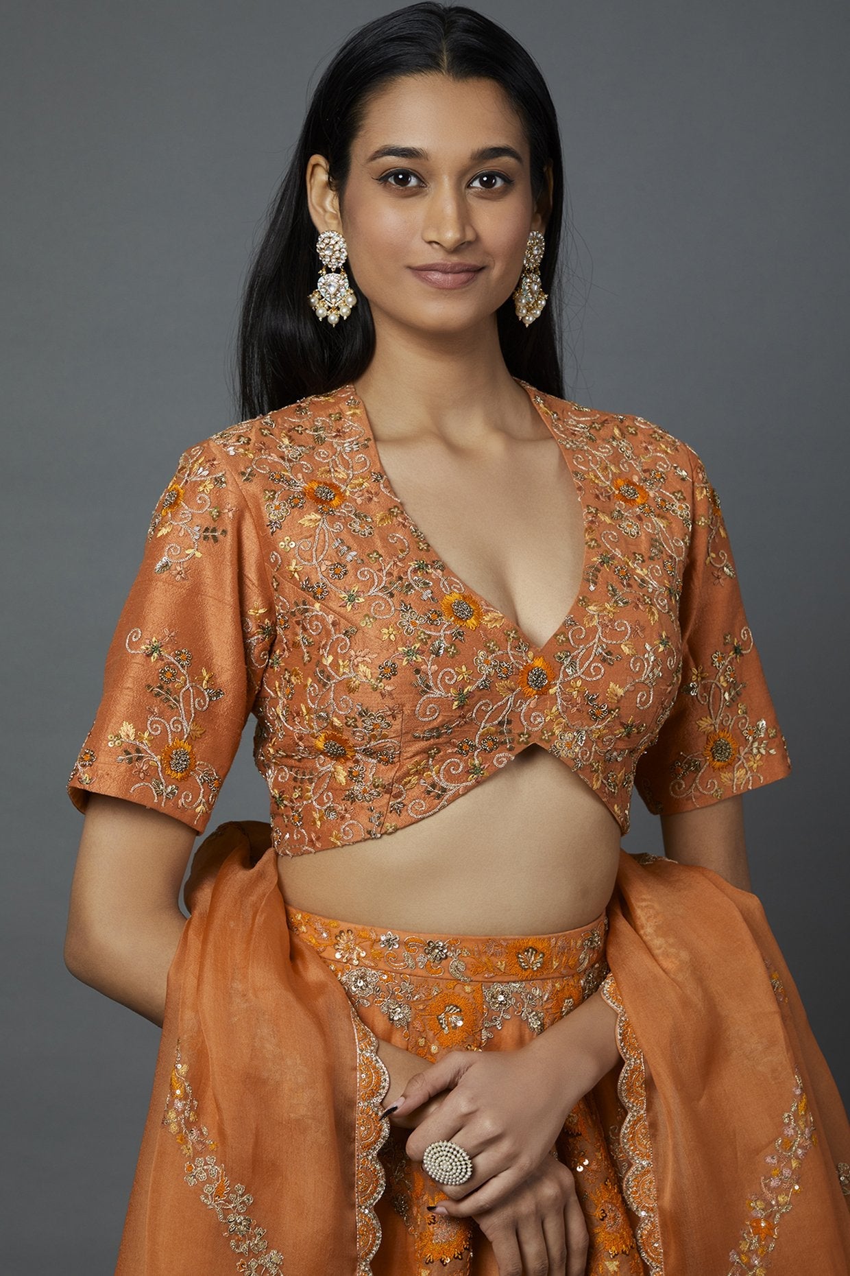 Orange Organza Embroidered Lehenga Set