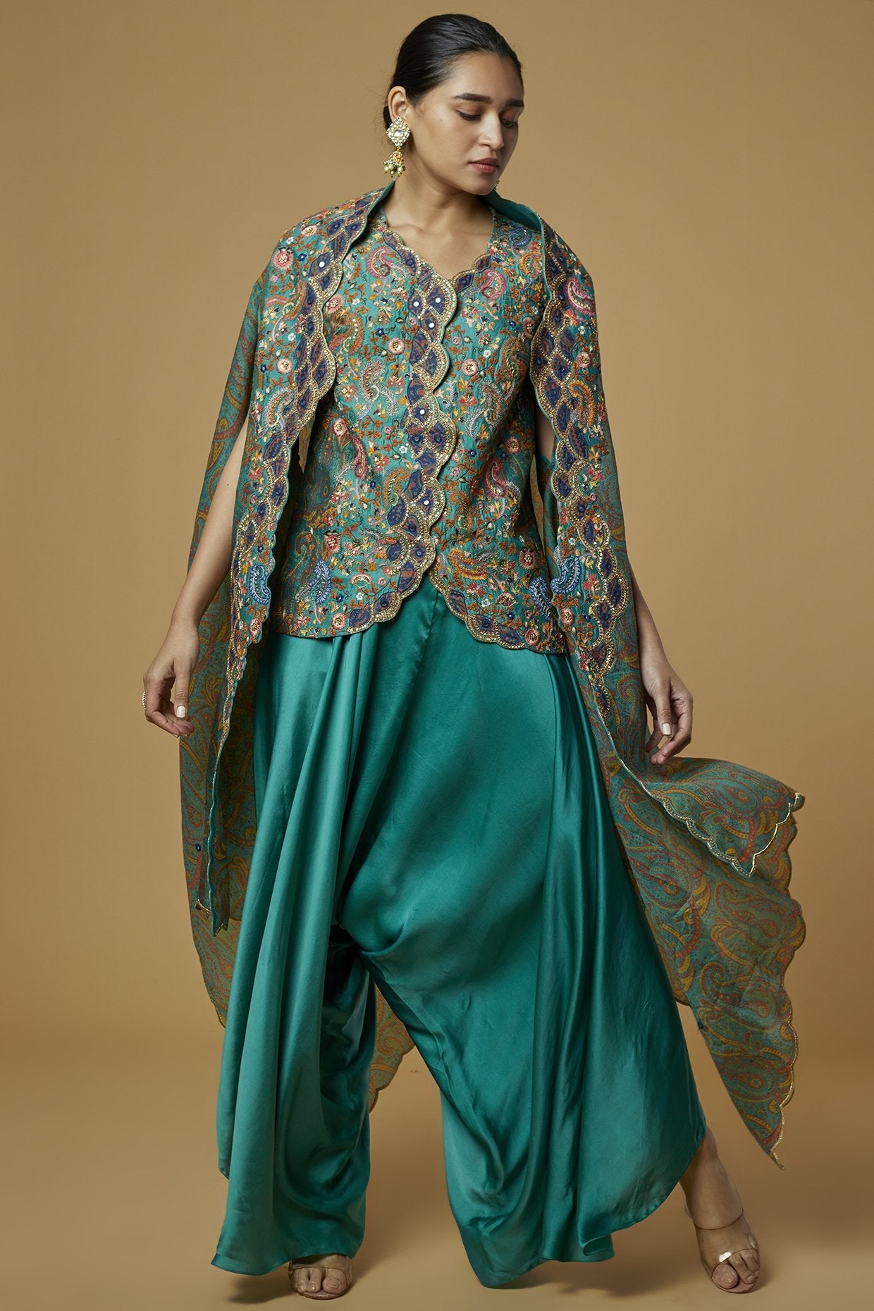 Teal Printed Jacket Set