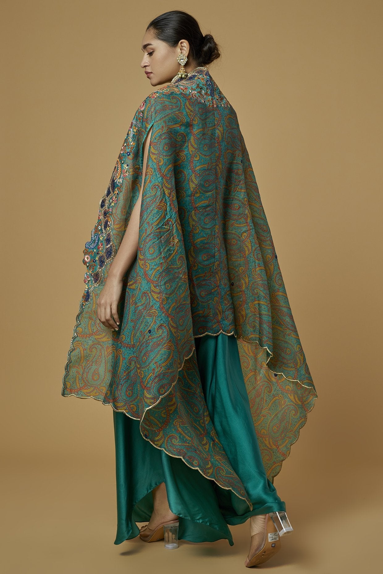 Teal Printed Jacket Set