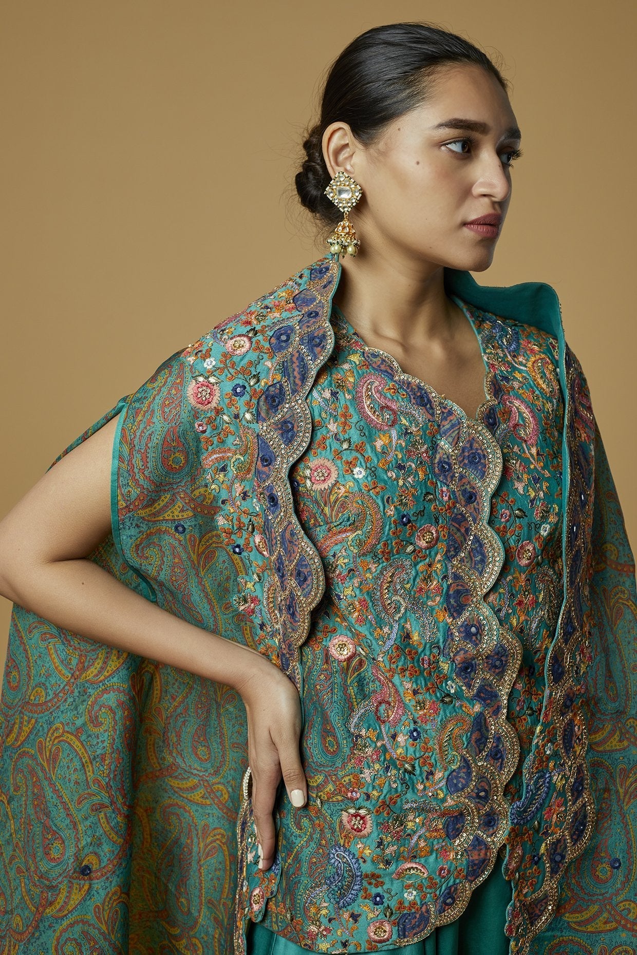 Teal Printed Jacket Set