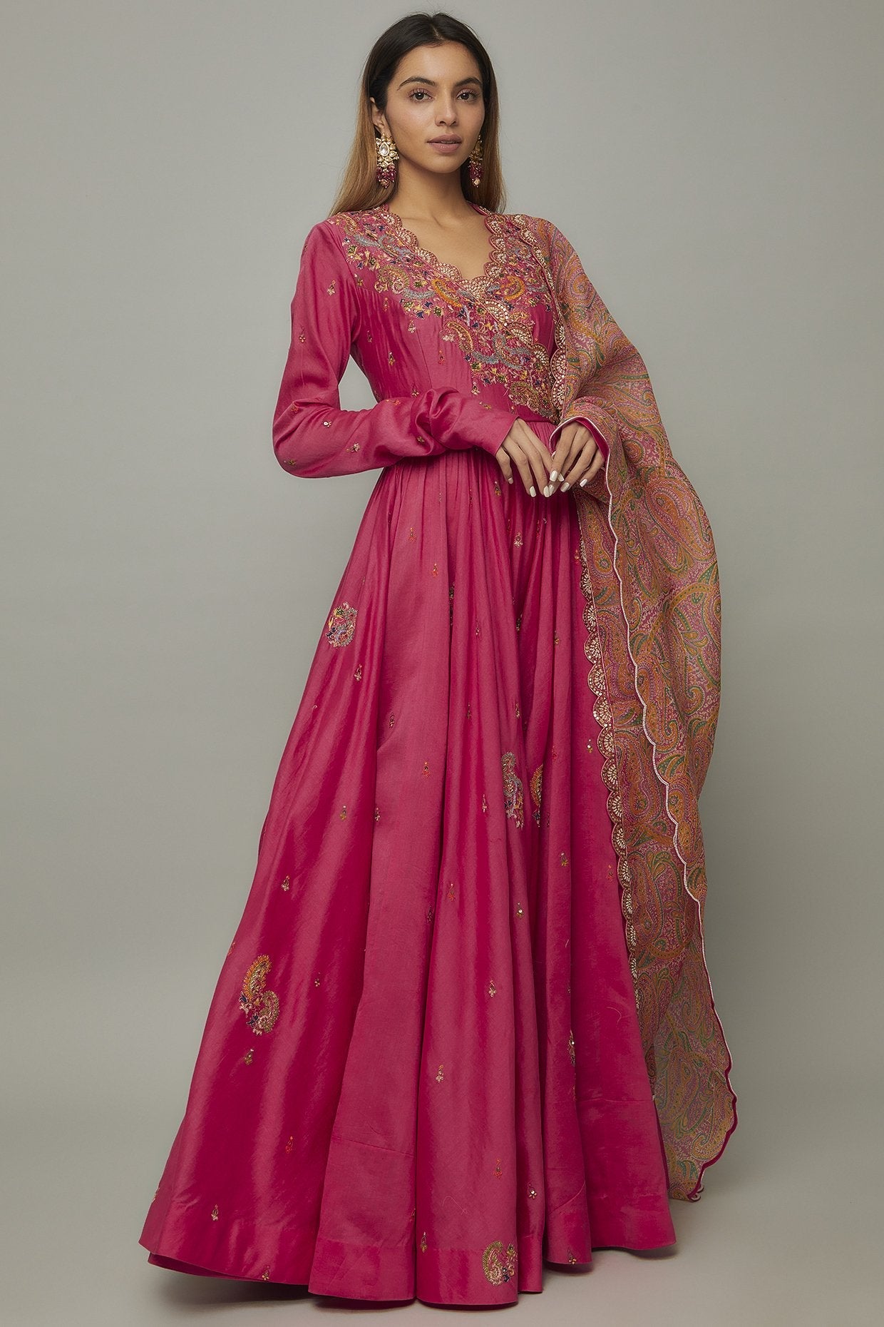 Pink Chanderi Embroidered Angrakha Anarkali Set