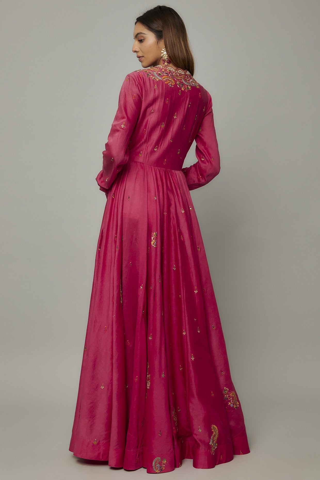 Pink Chanderi Embroidered Angrakha Anarkali Set