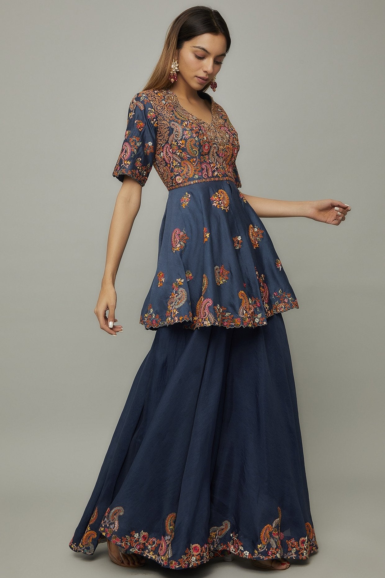 Blue Organza Embroidered Sharara Set