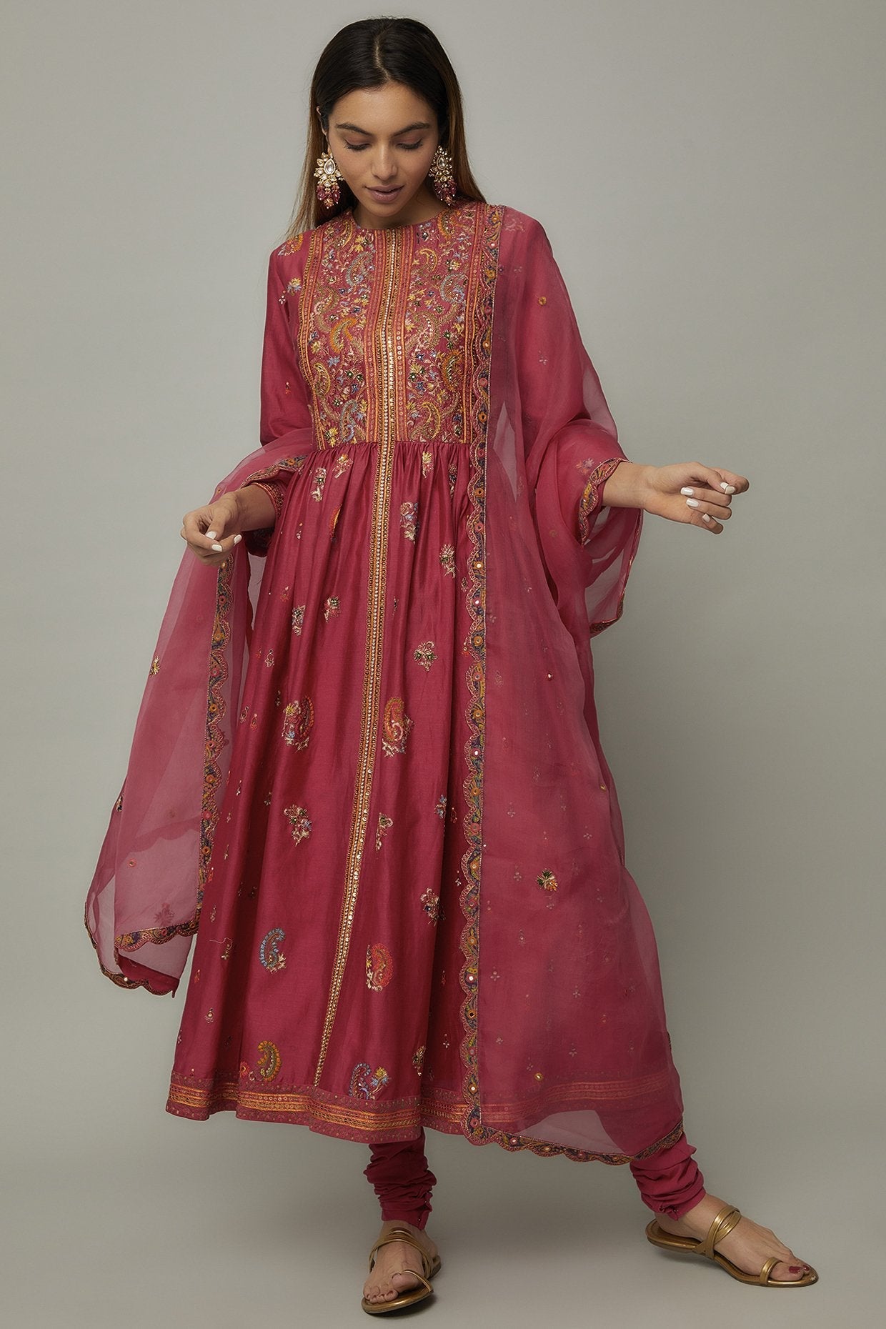 Pink Chanderi Embroidered Anarkali Set